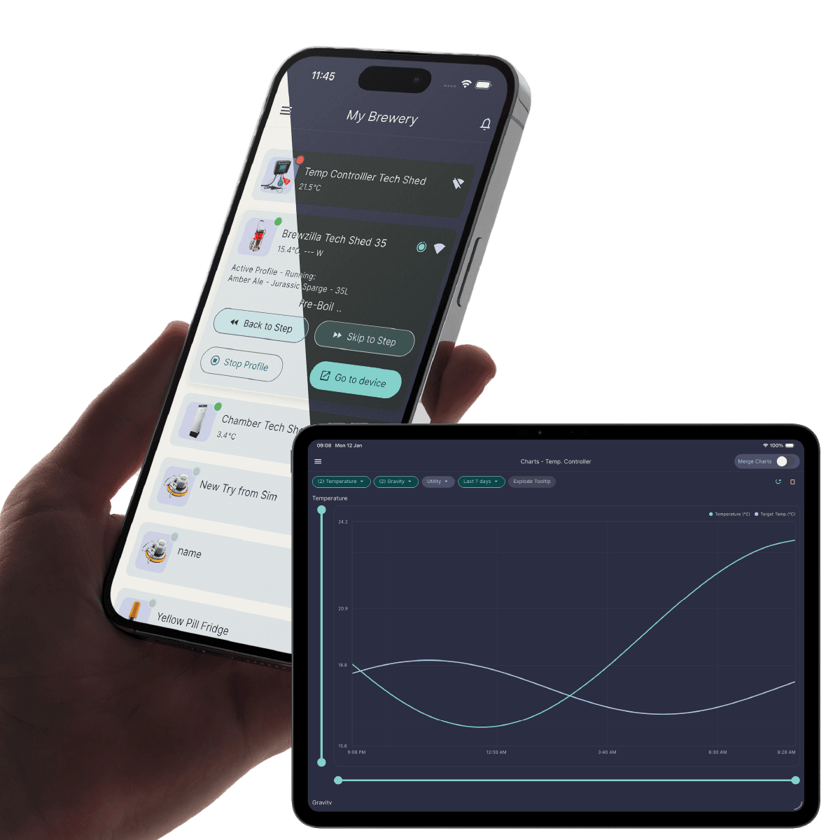The RAPT Brew app showing a live fermentation dashboard
