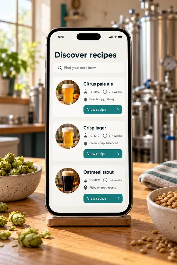 Phone mockup displaying pale ale, lager and stout recipes to explore
