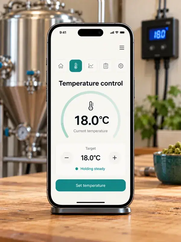 Temperature control mockup on a phone beside fermentation equipment